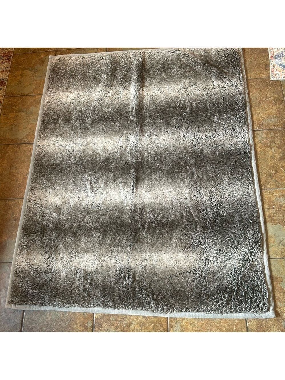 Pottery Barn Faux Fur Striped Throw Cover Cozy Winter Gray Black Heavy